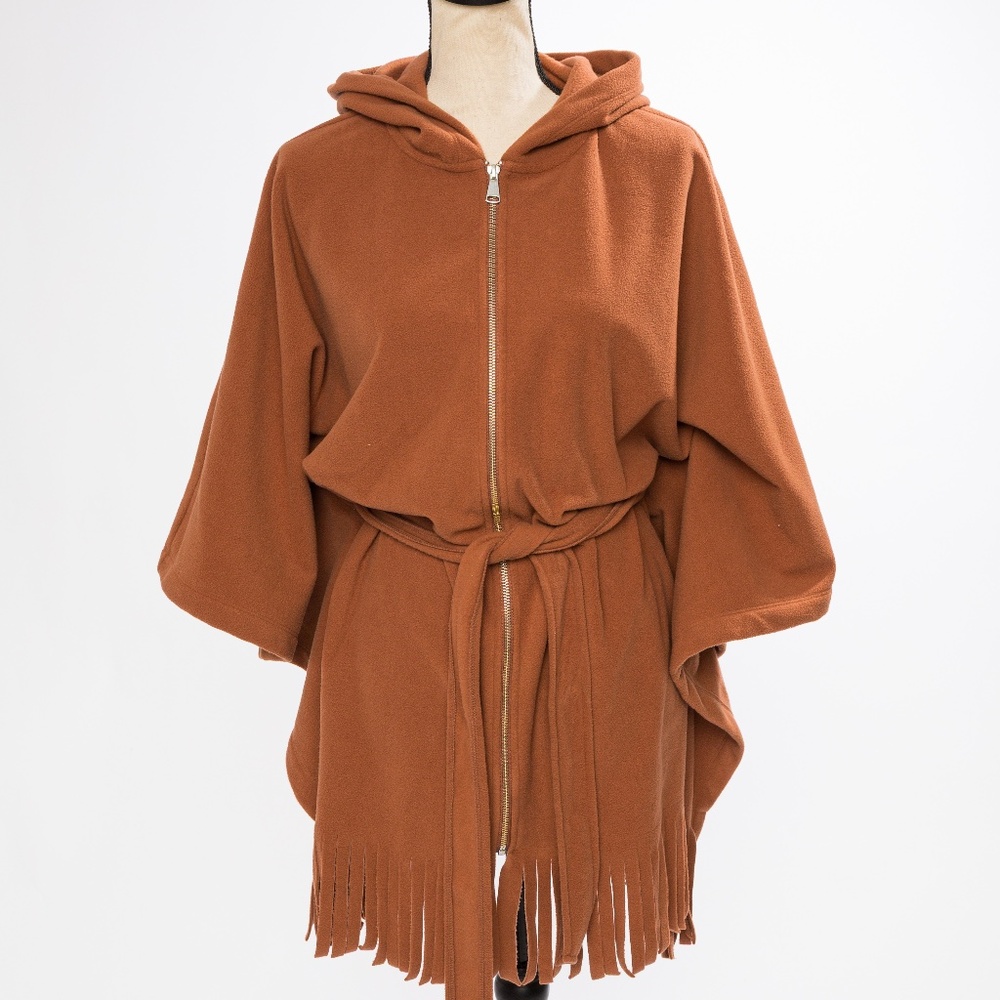 Fleeced hooded poncho cape with fringe light chocolate Susan Graver Weekend S